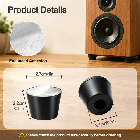 Hella Grippy Rubber Speaker Isolation Feet Self Adhesive Anti Vibration Damping Silicone Bumpers For Guitar Amps Studio Monitors And Audio Gear Eight Pack with dimensions shown next to speaker