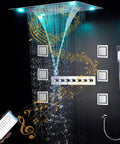 Kick Up Your Bathroom Goals With This Slick Ceiling Mount Rain Shower System Featuring Bright LED Lighting Smart Thermostatic Control And Polished Gold Hardware, showcasing ceiling mount rain shower with LED, vertical water flow.