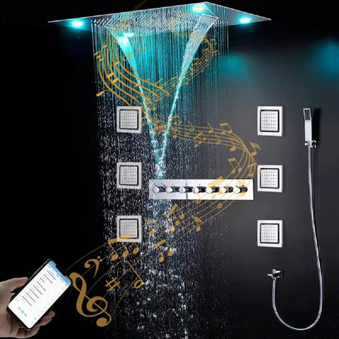 Kick Up Your Bathroom Goals With This Slick Ceiling Mount Rain Shower System Featuring Bright LED Lighting Smart Thermostatic Control And Polished Gold Hardware, showcasing ceiling mount rain shower with LED, vertical water flow.