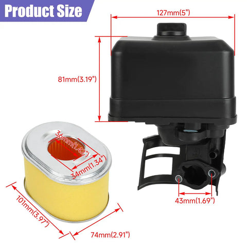 Air Filter Housing Assembly For GX160 GX200 GX140 5.5HP Engines with size dimensions and filter element detail