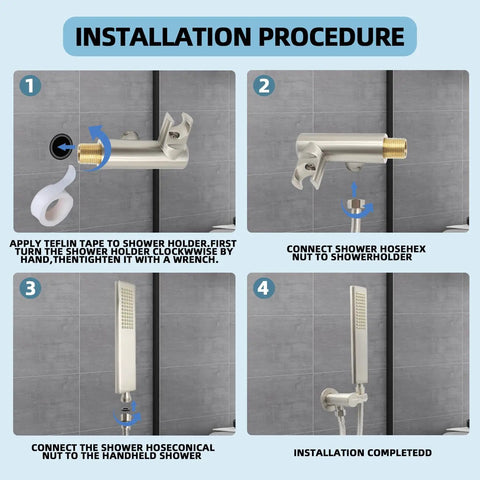 Installation steps for Solid Brass Handheld Shower Head With High Pressure Arc Design Brushed Nickel Finish All In One Hose Set