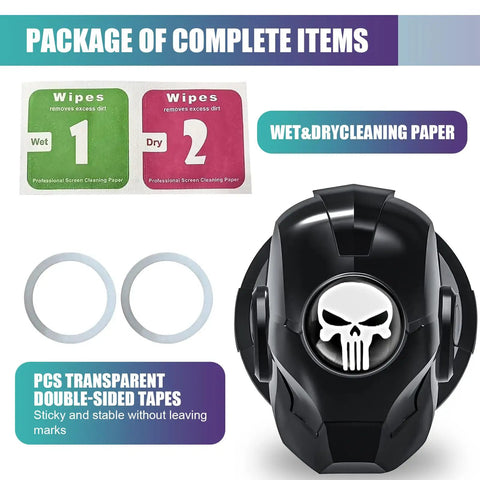 Iron Man Skull Start Button Cover For Cars Dope 150 Degree Opening Ignition Switch Decor Anti Scratch Sticky Installation Button Cap Universal Fit Black shown with cleaning wipes and adhesive tapes
