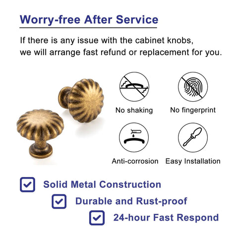Round Antique Brass Cabinet Knobs 1-1/4 Inch, 10 Pack, Beefy Heavy Duty Metal Hardware With Rust Resistant Finish, Includes Two Screw Sizes 1 Inch And 1-1/2 Inch For Easy Installation On Kitchen And Bathroom Cabinets. Antique brass round cabinet knob with solid metal construction and rust-resistant finish.