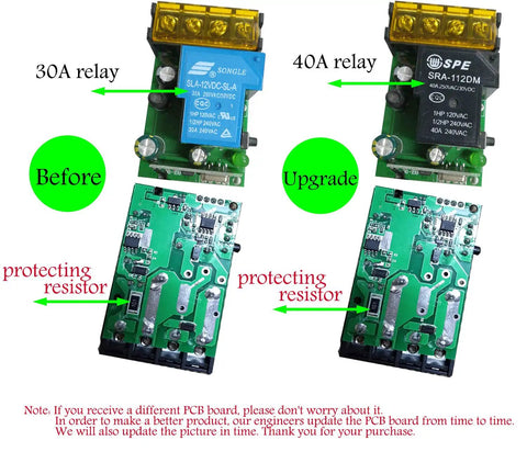 Comparison of 30A relay and 40A relay for Wireless Remote Switch for 12V, 24V, 48V, and 72V Systems with protecting resistor
