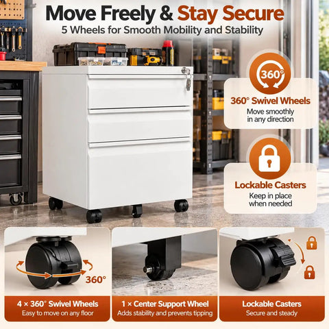 Built Tough As Nails Three Drawer Rolling Tool Chest With Swivel Wheels And Heavy Duty Locks, showing swivel wheels and lockable casters.