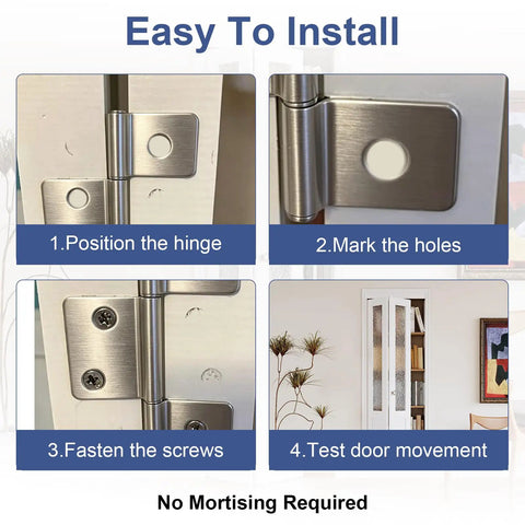 Installation guide for Built Tough Three Leaf Hinges Satin Nickel With Flush Screws For RV Mobile Home Bifold Closet Doors.