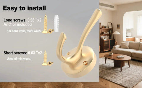 Gold Hat And Coat Hooks 4 Pack Heavy Duty Metal Wall Mounted Hangers with installation guide and included screws.