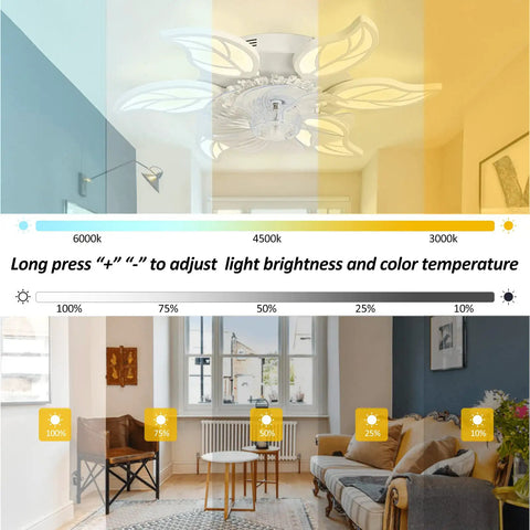 24.5 Inch Dope Modern Ceiling Fan With Lights Remote Control 6 Speed 3 Color Dimmable Silent Fandelier With Invisible Blades shown in room with color adjustment chart