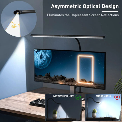 Ultra Bright Thirty One And A Half Inch LED Desk Lamp with Gesture Sensor showing asymmetric optical design on monitor.