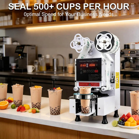 Hella Efficient Full Auto Cup Sealer Machine With Smooth Operator Boba And Coffee Sealing Tech Featuring Top Shelf Digital Screen Control and No Sweat Leak Proof Heat Lock In Classic White Finish For Quick Cafe Shifts sealing cups on a countertop.