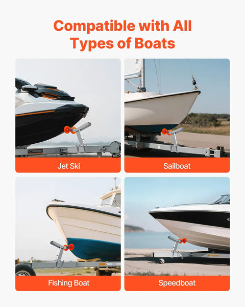 Hella Durable Adjustable Boat Trailer Winch Stand With Roller Hot Dip Galvanized Steel Jet Ski And Speedboat Mount Includes U Bolts Fits Standard Trailer Top Shelf Setup showcased with jet ski, sailboat, fishing boat, and speedboat.