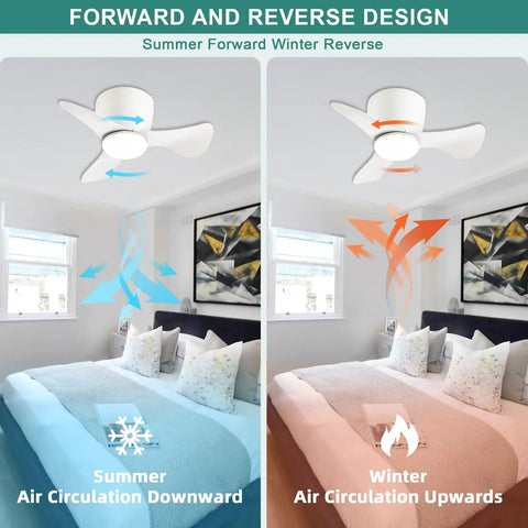 Flush Mount Ceiling Fan With Lights 22 Inch Compact Yet Mighty Small Ceiling Fan With Remote And App Control 3 CCT Dimmable LED Light Quiet DC Motor Up To 3800 CFM White For Patio Kitchen Bedroom showing summer and winter airflow