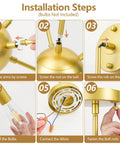 Gold Sputnik Pendant Light 10-Light Chandelier installation guide showing step-by-step assembly instructions with rods and wires.