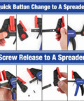 Go-To Mini Bar Clamp Set For Woodworking, quick-change button demonstration on blue F-style clamps for DIY use.