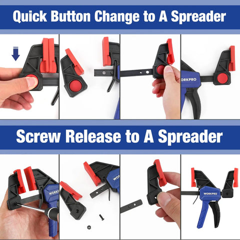 Go-To Mini Bar Clamp Set For Woodworking, quick-change button demonstration on blue F-style clamps for DIY use.