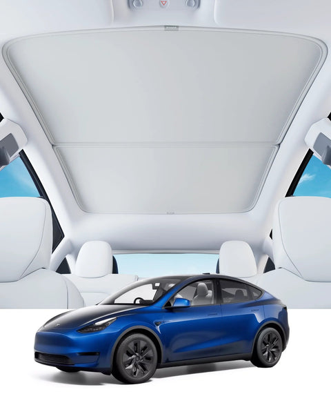 Upgraded magnetic sunshade for Tesla Model Y; two white panels over panoramic roof; blue car