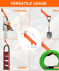 3 In 1 Chainsaw Holder Wall Mount Heavy Duty 10 Inch Steel Rack displayed with chainsaw, shovel, ladder, and hoses for storage.