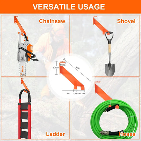 3 In 1 Chainsaw Holder Wall Mount Heavy Duty 10 Inch Steel Rack displayed with chainsaw, shovel, ladder, and hoses for storage.