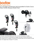 CT-16 Wireless Flash Trigger Kit with 1 transmitter and 3 receivers for Canon, Nikon, Pentax DSLR cameras shown in setup