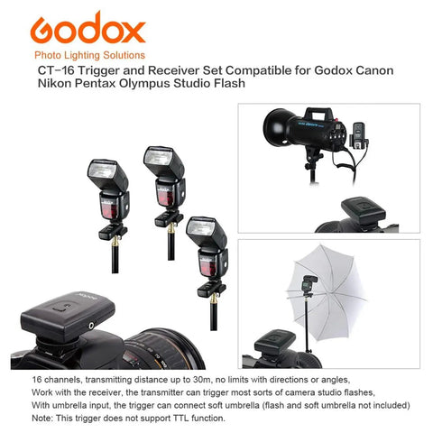 CT-16 Wireless Flash Trigger Kit with 1 transmitter and 3 receivers for Canon, Nikon, Pentax DSLR cameras shown in setup