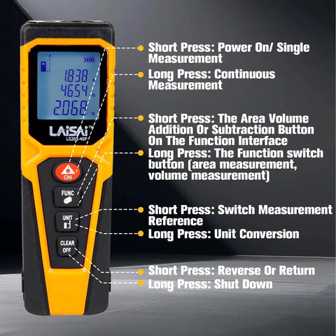 Precision Laser Distance Meter For Quick Accurate Measurements Up To 130 Feet With Backlit LCD Display One Hand Operation Large Readout Durable DIY Tool For Builders And Handymen, front view