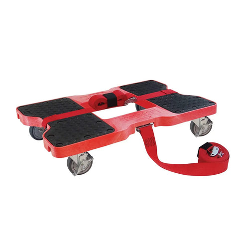 Heavy Duty Four Inch Polyurethane Swivel Caster With Killer Side Brake Holds Tight On Hills Glides Smooth For Easy Moving Handles Serious Loads Up To 375 Lbs Standard Top Plate Two Point Three Eight By Three Point Five Eight on a cart with a strap.