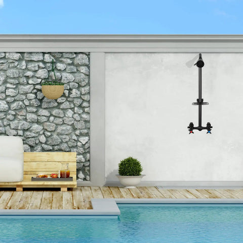 Matte Black Outdoor Shower System For Poolside Use, Wall Mounted With Brass Mixer Valve And Dual Cross Handles, Adjustable Shower Head, Exposed Fixtures, Soap Dish, Heavy Duty Outdoor Bathroom Upgrade Built To Last