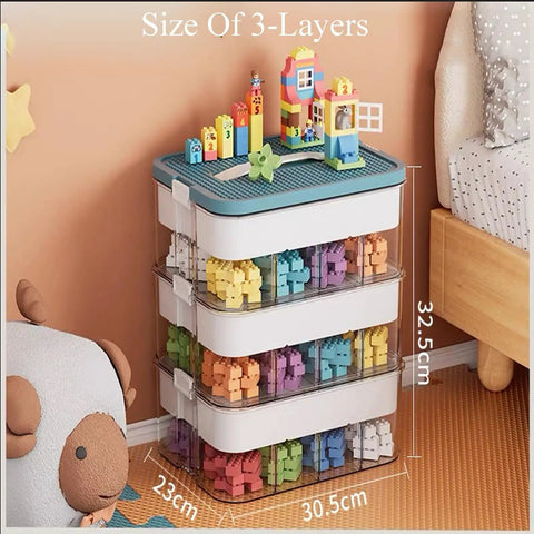Slick 3 Tier Stackable Brick Storage Organizer With Removable Grid Trays For Lego Pieces, transparent green and white organizer with Lego on top.
