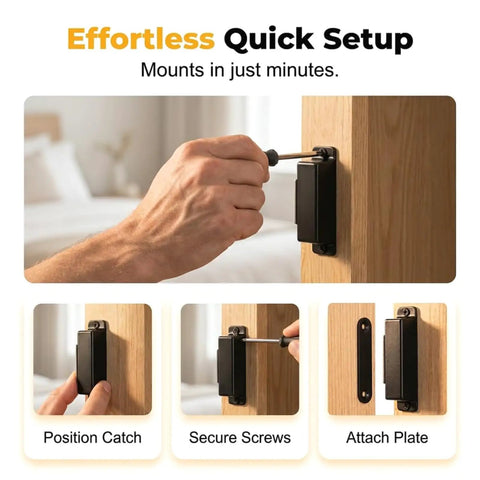 Heavy Duty 30 Lbs Stainless Steel Magnetic Door Latch With Super Strong Holding Power For Smooth Cabinet Drawer Catch And Seamless Black Closet Closure Without Jamming installed with a screwdriver.