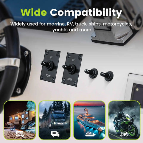 Wide compatibility of Waterproof Toggle Switch 12V DC 30A Heavy Duty 2 Pin SPST On Off with various vehicles shown