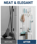Before and after using Over The Door Broom And Mop Holder With 4 Slots And 4 Hooks Rustic Wood Door Mount Organizer, easy install.