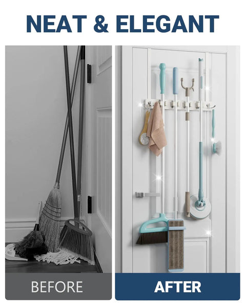 Before and after using Over The Door Broom And Mop Holder With 4 Slots And 4 Hooks Rustic Wood Door Mount Organizer, easy install.