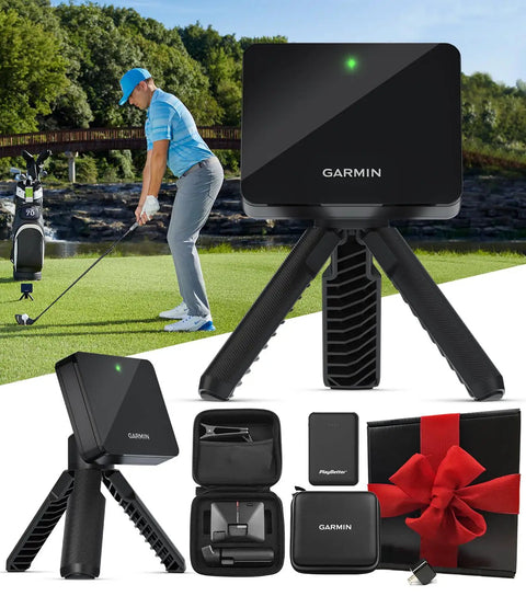 Portable Golf Launch Monitor and Simulator Bundle for home outdoor or indoor practice setup, includes accessories shown.