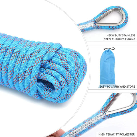 Blue Beefy 12mm Static Climbing Rope With 10m and 20m Lengths, Rugged Polyester Build, CE EN 892 Certified, 2 steel hooks