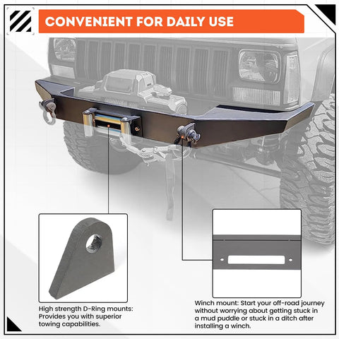 Front view of ECOTRIC bare-metal bumper kit for 1984-2001 Jeep Cherokee XJ with winch mount.