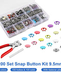 9.5mm Metal Snap Button Kit Set For Sewing And DIY Fashion Projects Pro Grade Snaps With Ergonomic Pliers in 200 sets, assorted colors