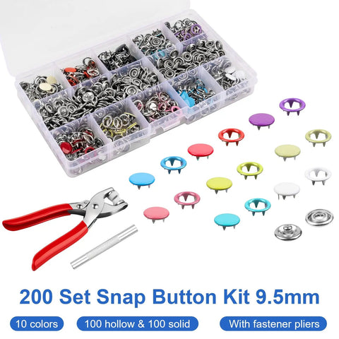 9.5mm Metal Snap Button Kit Set For Sewing And DIY Fashion Projects Pro Grade Snaps With Ergonomic Pliers in 200 sets, assorted colors