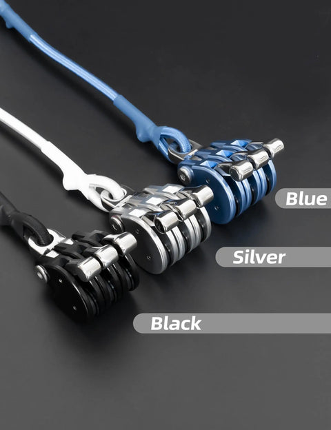 Beefy Offshore Outrigger Line Lock Pulley in blue, silver, black, with triple aluminum alloy body and stainless steel snap swivel.