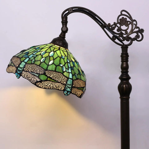 Stained Glass Tiffany Floor Lamp With Arched Gooseneck Adjustable Angle Reading Light In Green Dragonfly Glass Bronze Base 12 Inch Shade