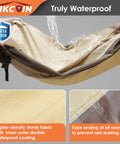 All Weather Outdoor Patio Table And Chair Cover Waterproof With UV Protection Anti Fade Tear Resistant Rectangle Furniture Cover 110 L By 84 W By 28 H Fits Large Set close-up showing waterproof fabric and sealing details