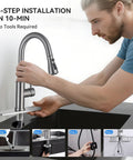 Image showing a man installing Top Shelf High Arc Pull Down Kitchen Faucet Delivering Three Quick Adjust Spray Patterns In Rust Resistant Brushed Nickel.