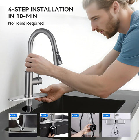 Image showing a man installing Top Shelf High Arc Pull Down Kitchen Faucet Delivering Three Quick Adjust Spray Patterns In Rust Resistant Brushed Nickel.