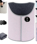 Pink fabric under desk leg warmer heater with six temperature settings and timer, shown with digital display and plush lining.