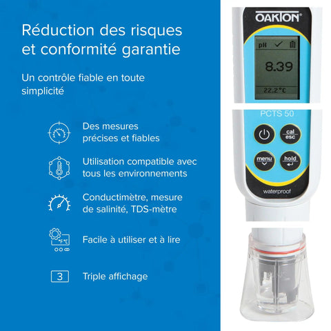 PCTSTestr 50 Waterproof Pocket PH Conductivity TDS Salinity Tester, Pro Grade 50 Series With LCD Display, 3 Point Calibration, All In One On The Go Battery Powered, Field And Lab Ready, Black, front view