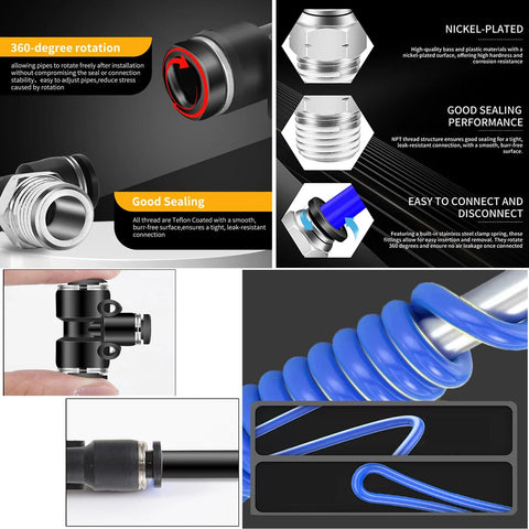 QITUO 1/4in blue air hose kit with 52.5 ft tubing and push-to-connect fittings, 15-piece accessories