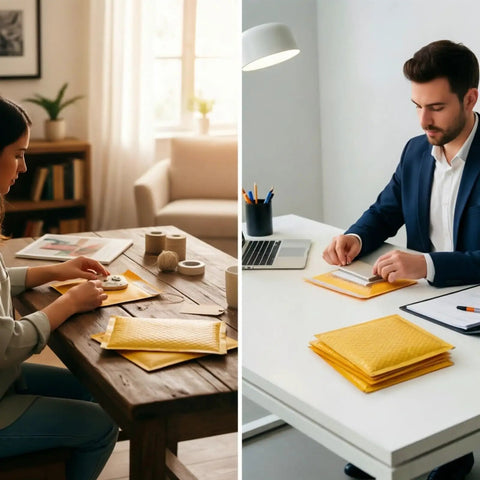 People using 10 Pack Kraft Bubble Mailers 9x12 Self Seal Padded Envelopes for beauty brand packaging in home and office settings