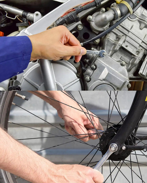 Using Compact Twenty Piece Wrench Set With Metric And SAE Sizes on machinery and bicycle wheel