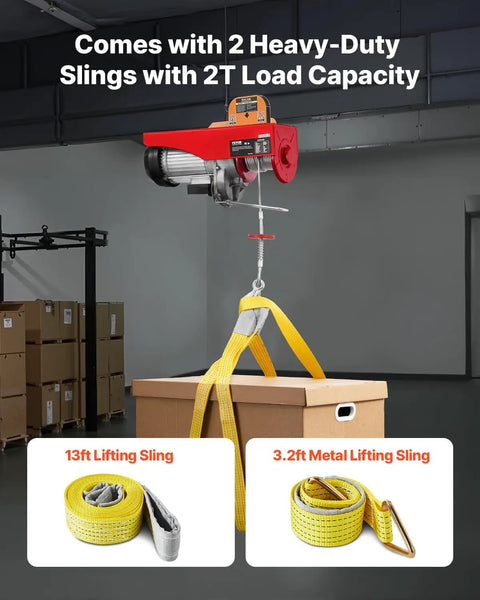 2200lbs Electric Hoist With 328ft Wireless Remote Control 110V Lifting Crane For Garage Warehouse Factory 40ft Or 20ft Lifting Height Heavy Duty Lift To Haul Big Loads Safely showing slings and hoist in use
