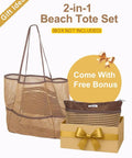 Packable 2 In 1 Beach Tote Bag With Foldable Design, Lightweight And Spacious, with matching pouch shown, Khaki color.