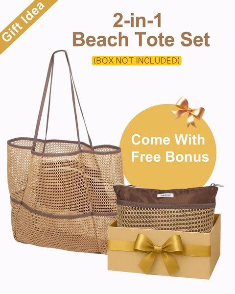 Packable 2 In 1 Beach Tote Bag With Foldable Design, Lightweight And Spacious, with matching pouch shown, Khaki color.